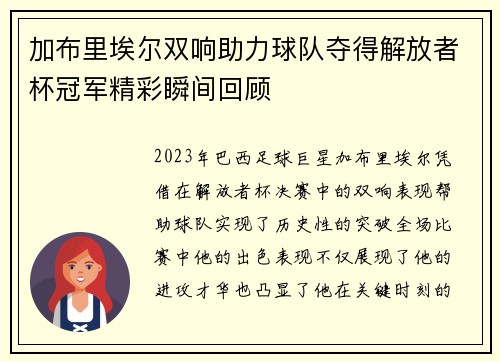 加布里埃尔双响助力球队夺得解放者杯冠军精彩瞬间回顾